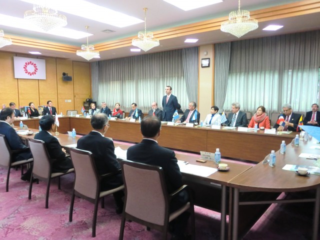 CIMG0123 H.E. Jorge Kosmas Sifaki, Ambassador of Panama to Japan, in his capacity of President of GRULAC, delivering a brief speech of gratitude during the courtesy visit to the Governor of Saitama Prefecture, H.E. Kiyoshi Ueda and the President of Saitama Prefectural Assembly, H.E. Tokuji Hosoda.