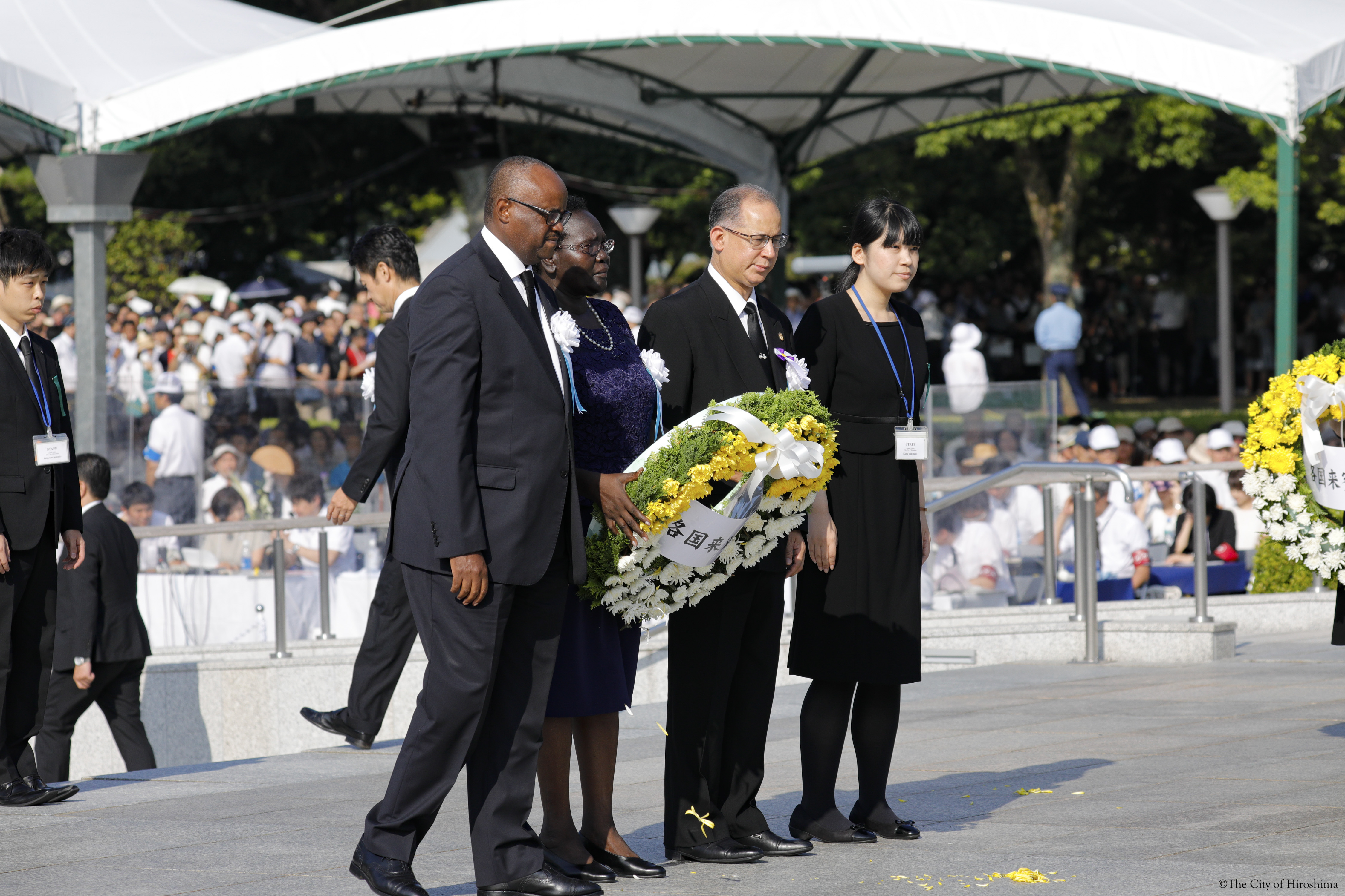 1. Hiroshima Ambasador Diaz, together with Ambassadors of Kenya and Uganda, offering a flower arrangement in honor of the victims of the Atomic Bomb, in representation of Diplomatic Corp.